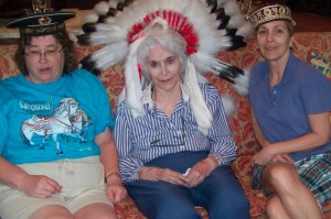 Jean Bennett, Marianne, and Vicki Vanden Bout have some fun with hats during their 2010 visit to see Marianne.