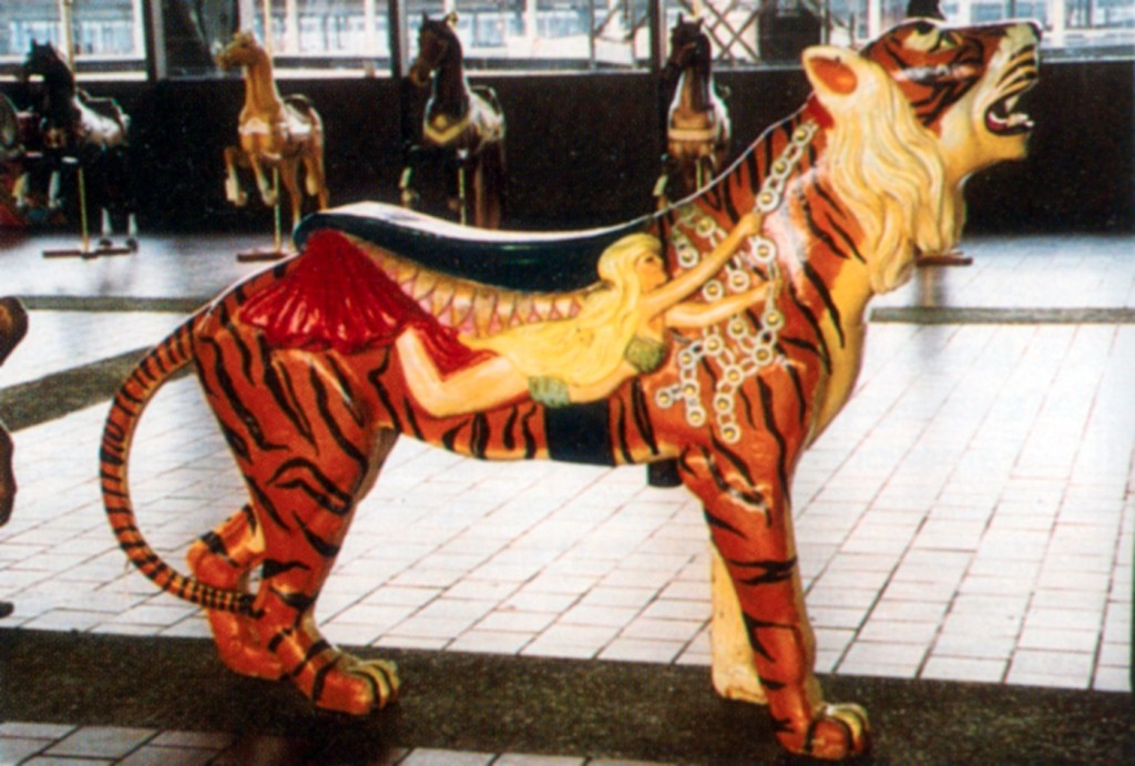 Herschell-Spillman tiger from Rocky Point Park, Warwick, RI was among the 46 figures from Rocky Point that went to auction in June, 1989. Figures from Skylon Towers, Maple Leaf Village and the Palace Carousel along with a Prior & Church Racing Derby were also at the Guernsey’s auction. (CNT 6-89)