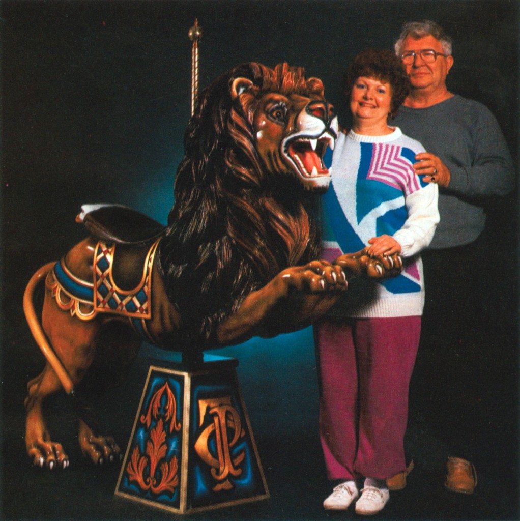 Rogene and Earl Corey with their prized leaping lion from the Skylon Tower carousel. (CNT 6-88). The last two E. Joy Morris carousels would go to auction in the same year. Skylon Tower had been sold to the Coreys intact in 1986. They were considering trying to find a location so it could operate again when Rogene was stricken with cancer and passed away in Dec. 1988. The machine was broken up in 1989. That same year, the Lake Quassy E. Joy Morris was sold piecemeal in an emotional auction. (CNT 12-89)