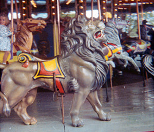 A ferocious lion on the Dentzel carousel while at Hemisfair in TX.