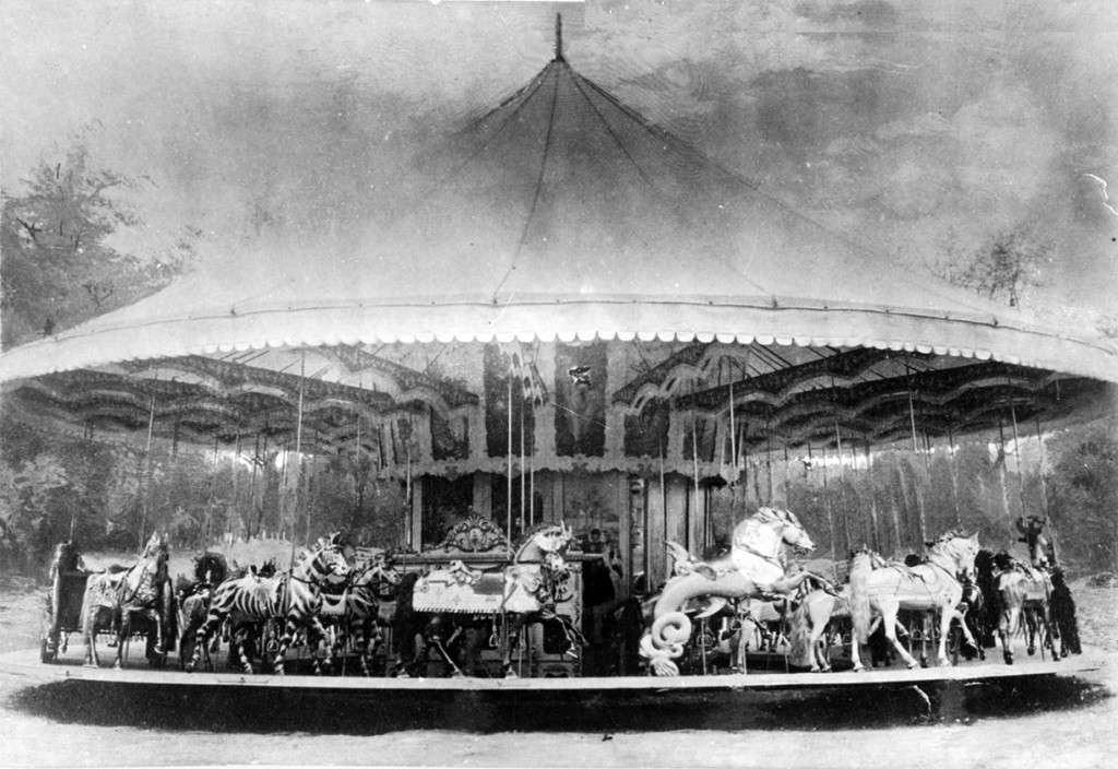 The D. C. Muller Carousel is actually a factory photo with the background airbrushed in. Some of the outstanding Muller figures shown here were found on the Pen Mar carousel in Alaska. Others found their way to the outside row of the Astroland Dentzel-Muller carousel.