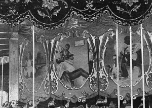 The white gentleman gets a "too close" shave in this carousel art panel, considered every day humor in 1900.