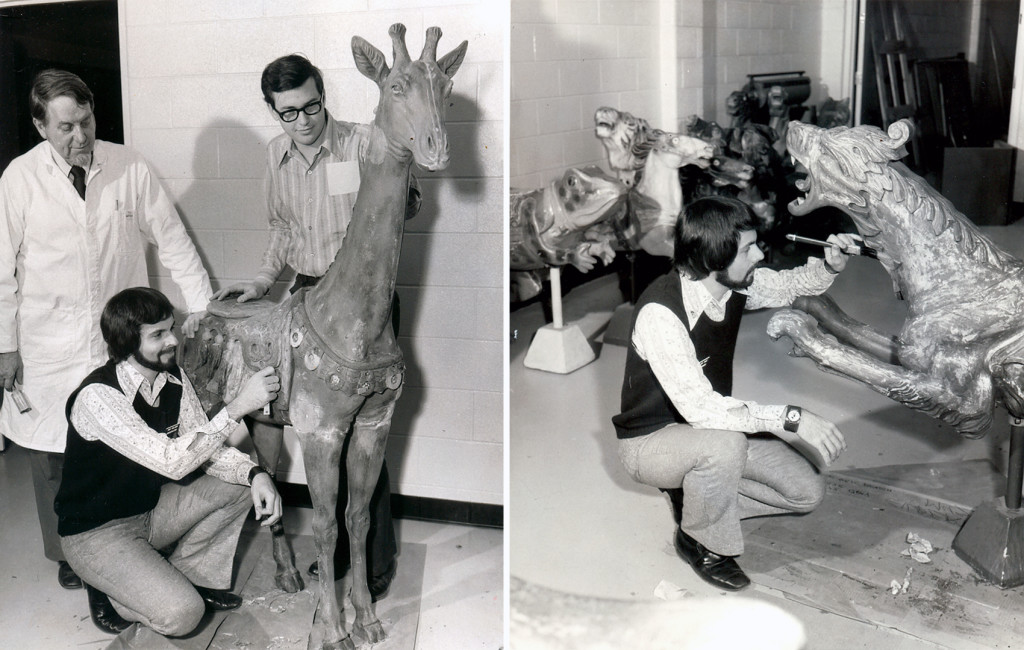 DEARBORN, MI. - PHOTO LEFT - Carl Wesenberg (left), Tony Orlando (kneeling), and Charles Wells (right), of the Conservation Lab, Greenfield Village and Henry Ford Museum. They are in the process of removing over-paint layers to reveal color and design of the decorative saddle on a giraffe during restoration of the Village’s carousel. PHOTO RIGHT - Tony Orlando, in the Conservation Lab in Dearborn, removes over-paint from a sea dragon during the ongoing restoration of the Village’s antique Herschell-Spillman menagerie carousel. Examination found that the original treatment had silver leaf applied to the body over which a transparent coating was used to simulate the appearance of glistening water on the mythical sea beast. Archival Museum PR photos from the collection of Lourinda Bray