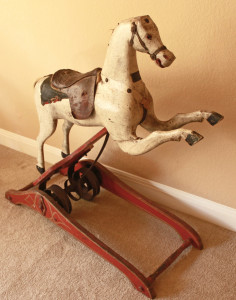 Circa 1860’s Andrew Christian’s “Improved Rocking Horse” with original paint and remnants of original trappings, obtained from the Nashville Antique Archeology store. The patented improvement was the scroll spring mechanism controlled by a ratchet. This mechanism was intended to replace bow rockers that were used up to this time and were prone to tipping over. William Benjamin collection