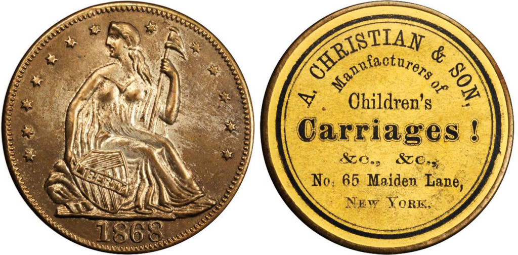 1868 Andrew Christian & Son advertising coin. From an auction catalog.