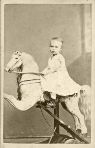 1870’s CDV printed by Suppards and Fennemore, No. 820 Arch Street, Philadelphia of a high end calfskin-covered Christian improved spring rocking horse. William Benjamin collection.