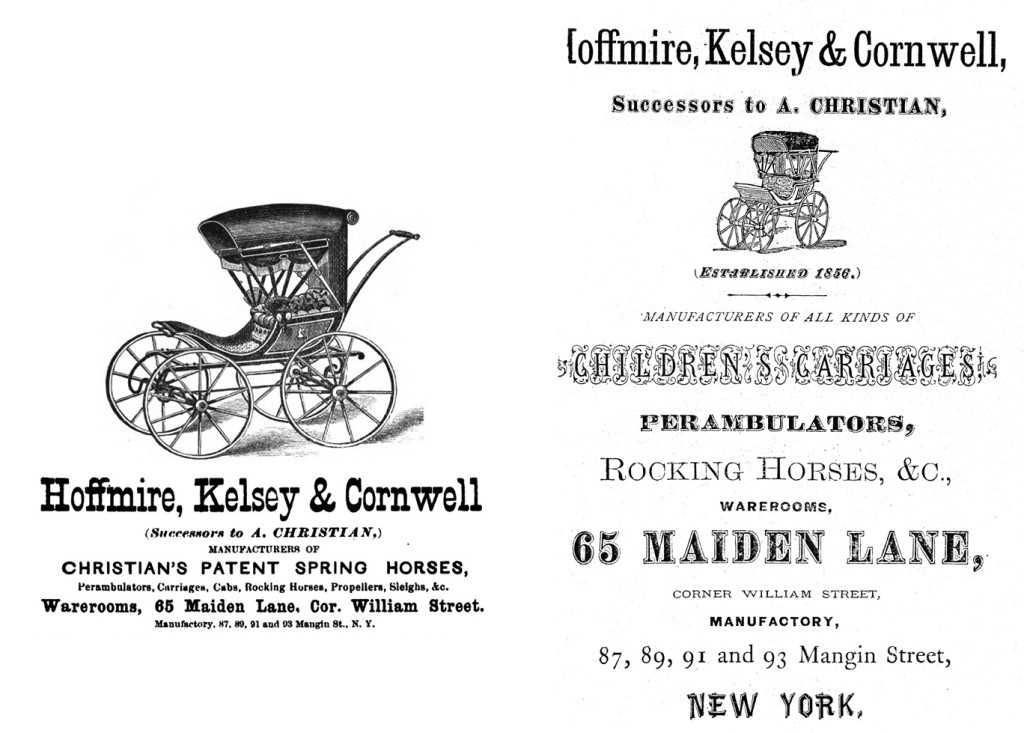 Left. Hoffmire, Kelsey & Cornwell took over management of Andrew Christian’s firm following his death in 1871. From April 2-9, 1873 Minutes of the Twenty Fifth Session of the New York East Annual Conference of the Methodist Episcopal Church. Right. Advertisement from the Fred and Mary Fried Archive, Smithsonian Institution.
