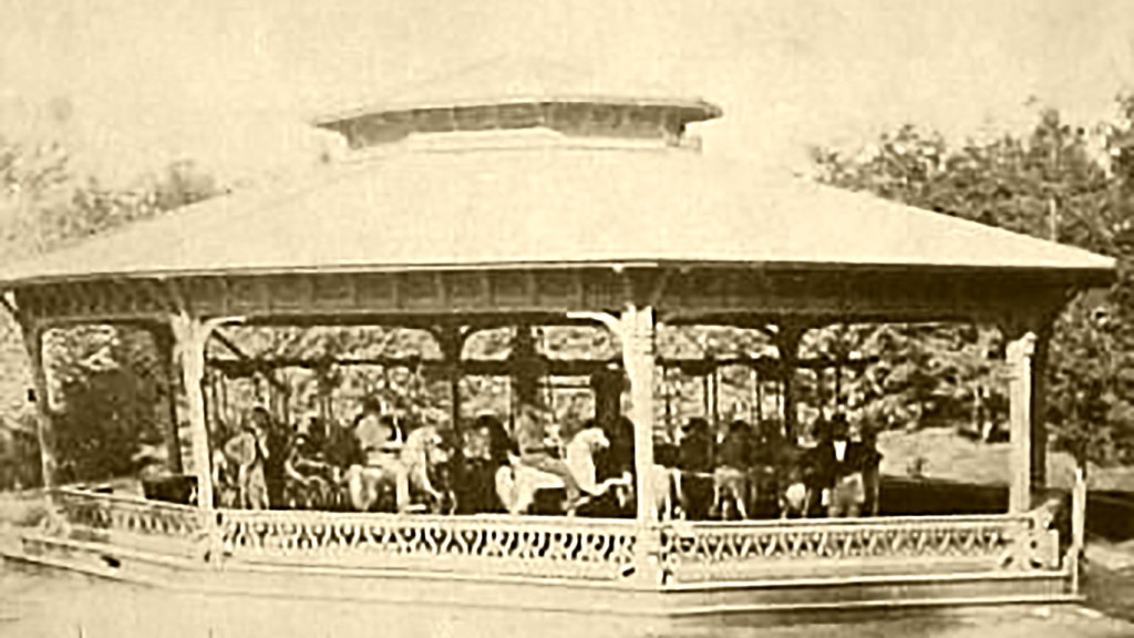 Early stereo view image of the Central Park Carousel by Aaron Veeder, Albany, New York with horses that have the signature elevated Christian foreleg angle. A modified image from WorthPoint.