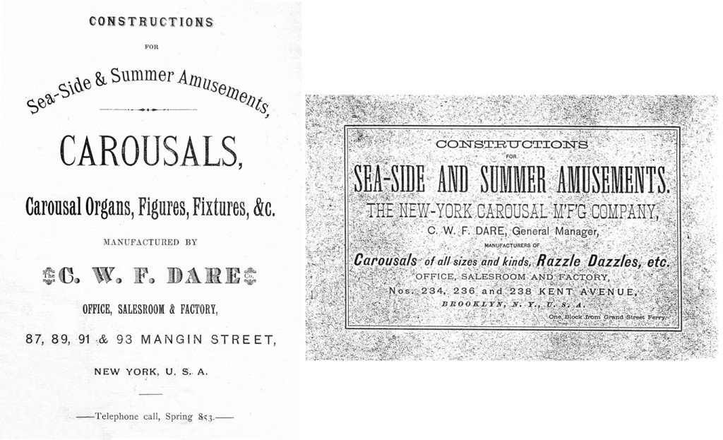 Left. The C.W.F. Dare Company catalog cover, circa 1884. Right. The cover of Dare’s circa 1890 The New-York Carousal M’F’G Company catalog. Fred and Mary Fried Archive, American History Museum, Smithsonian