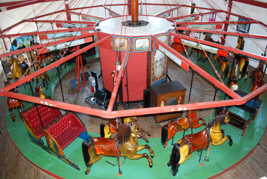 Overhead view of the Oak Bluffs carousel showing the simple frame. Photo courtesy of Roland Hopkins