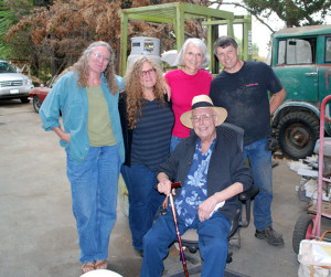 Artists Pam Hessey, Lise Liepman and Rosa Patton with Dan and John Daniel at Dan's shop with the Illions Supreme.