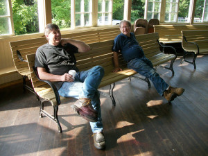 Dan and Ed take a break on a hot summer day working on the Crescent Park carousel in RI.
