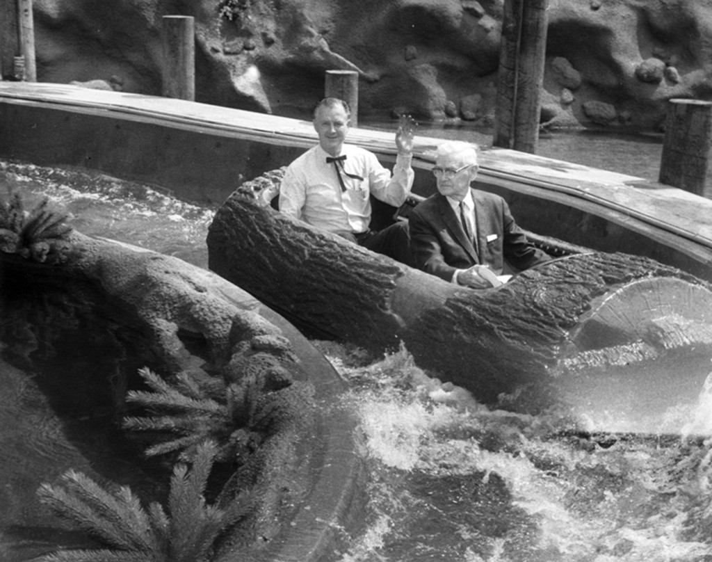 Walter Knott, (in front), and Bud Hurlbut took the log ride for a test “spin” or two (or more) well before John Wayne and his son, Ethan, became the first official guests to brave this thrilling ride.