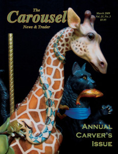 W.P. Wilcox carved carousel giraffe and Dentzel-style cat on the cover of the March 2009 Carousel News Carver's Issue. 