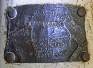 Brass patent plate on the Christian rocking horse. The plate reads “A. Christian’s Improved Rocking Horse. 65 Maiden Lane cor. Williams St. N.Y. Pat’d Ap’l 2, 1861”. 