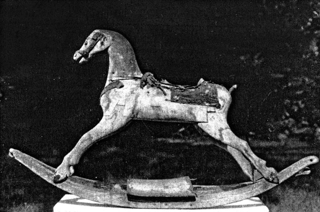 A traditional bow rocking horse made by Dare with stencil ID on the belly. It was brought to Harriet Moore, savior of the Watch Hill, Westerly, Rhode Island Dare carousel, in 1975 for identification. Fred Fried assisted in its authentication. Fred and Mary Fried Archive, American History Museum, Smithsonian