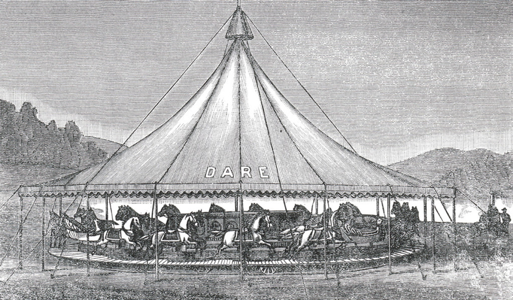 Image of a Galloping Horse Carousel. This illustration is a loose catalog page with no dating. Fred and Mary Fried Archive, American History Museum, Smithsonian