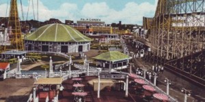 Postcard shows the carousel building while at Paragon Park.
